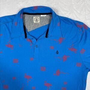 Volcom Men's XL Short Sleeve Blue Polo Shirt Flamingo Print Casual Button Collar